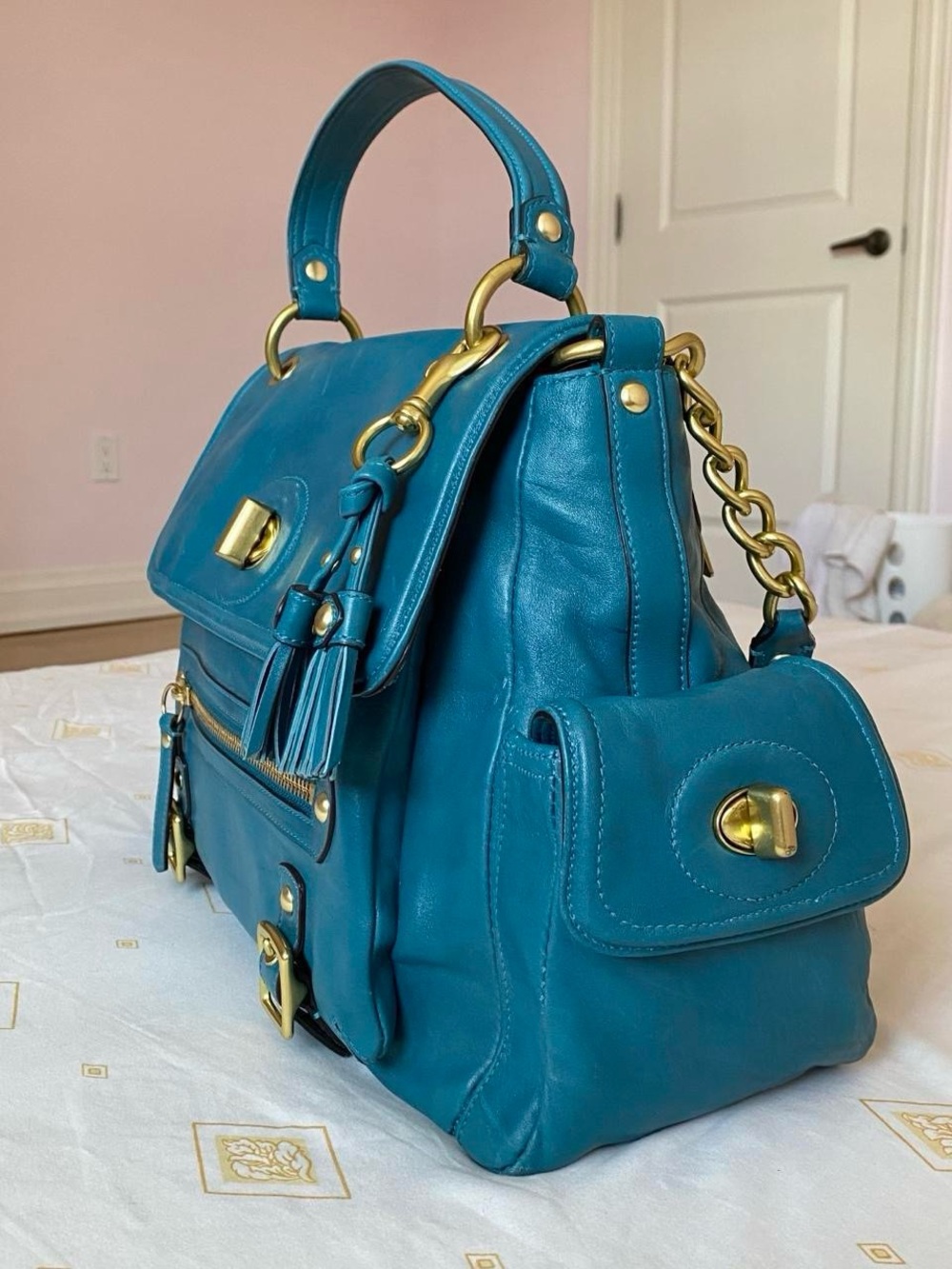 vintage 2000s coach legacy sydney teal and gold turnlock satchel shoulder bag - Picture 3 of 9